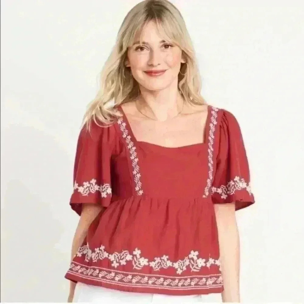 OLD NAVY | Women's Red/White Flutter Sleeved Smocked Embroidered Swing Top